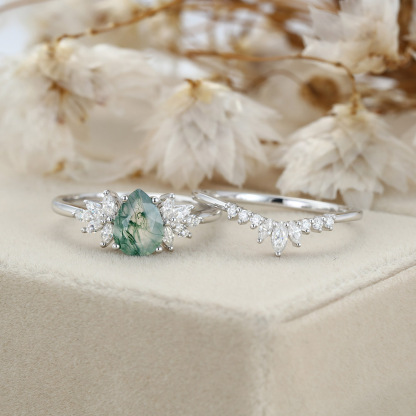 Natural Green Moss Agate 2PCS Pear Cluster Engagement ring Bridal Set