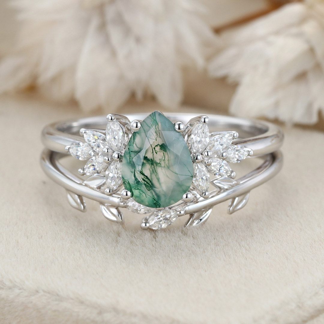 Natural Moss Agate Pear cut Engagement ring Bridal Sets
