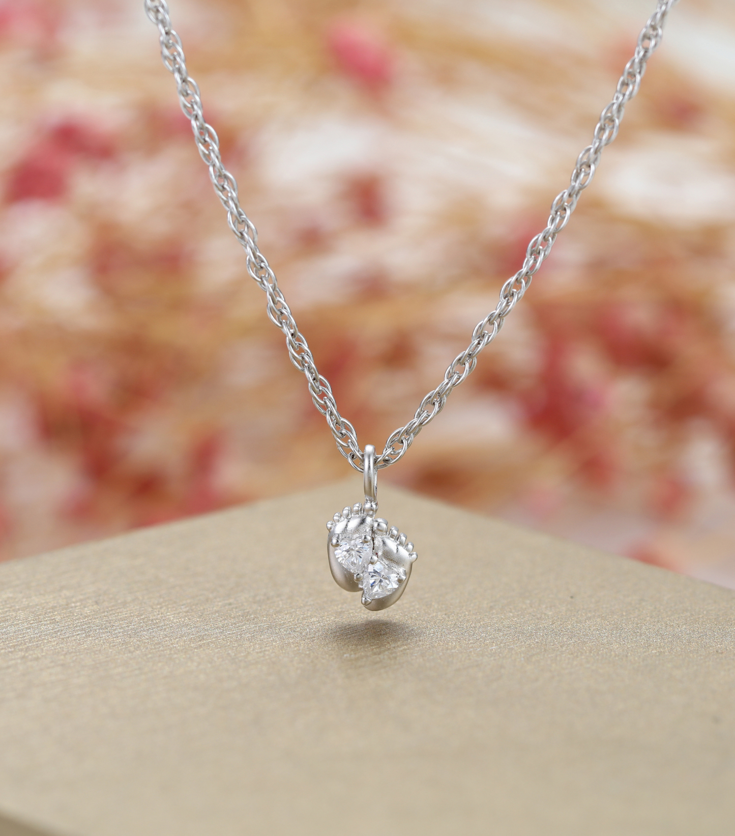 White Gold-Plated Customized Two-Stone Heart-Cut Birthstone Mini Baby Feet Necklace – Personalized Gift for Moms
