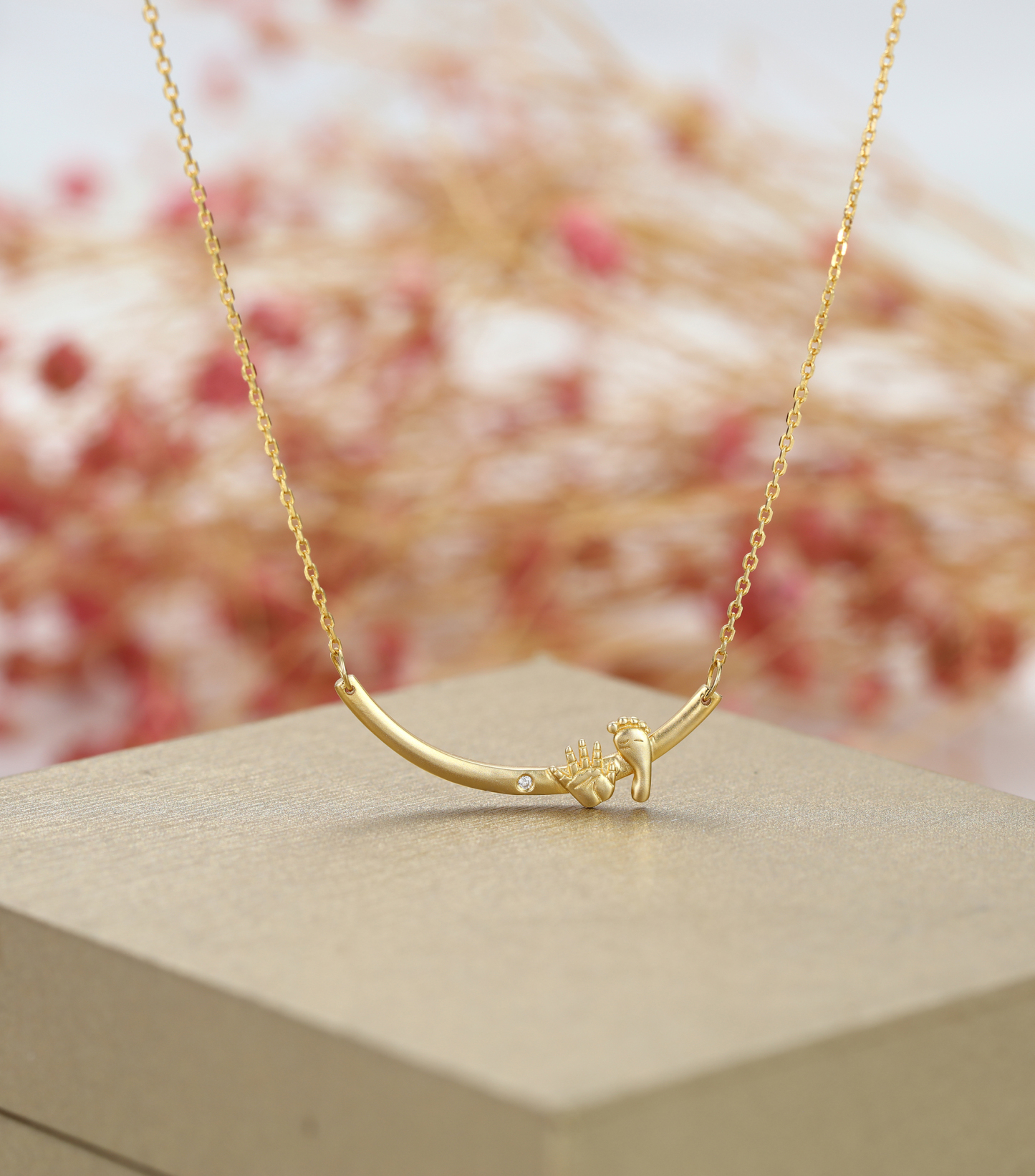 Gold-Plated Baby's Hand and Footprint Elements Customizable Birthstone Engraved Name Smile Necklace – Personalized Keepsake Gift