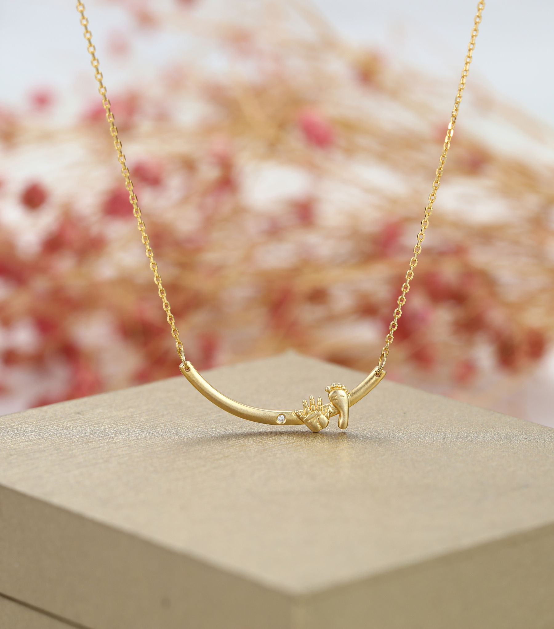 Gold-Plated Baby's Hand and Footprint Elements Customizable Birthstone Engraved Name Smile Necklace – Personalized Keepsake Gift