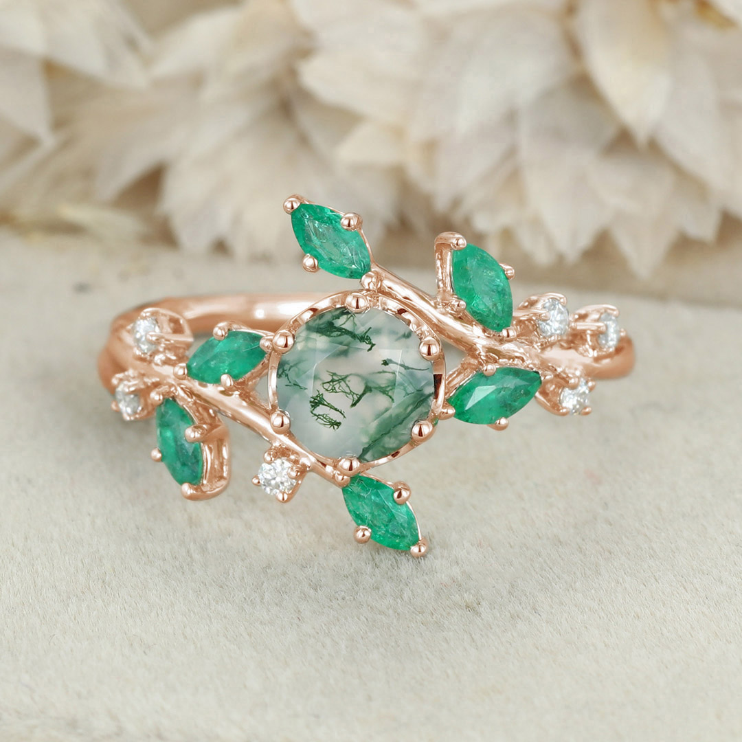Round Moss agate Engagement Ring Vintage Unique 14K Solid White gold Moissanite engagement ring nature inspired Bridal set Anniversary gift