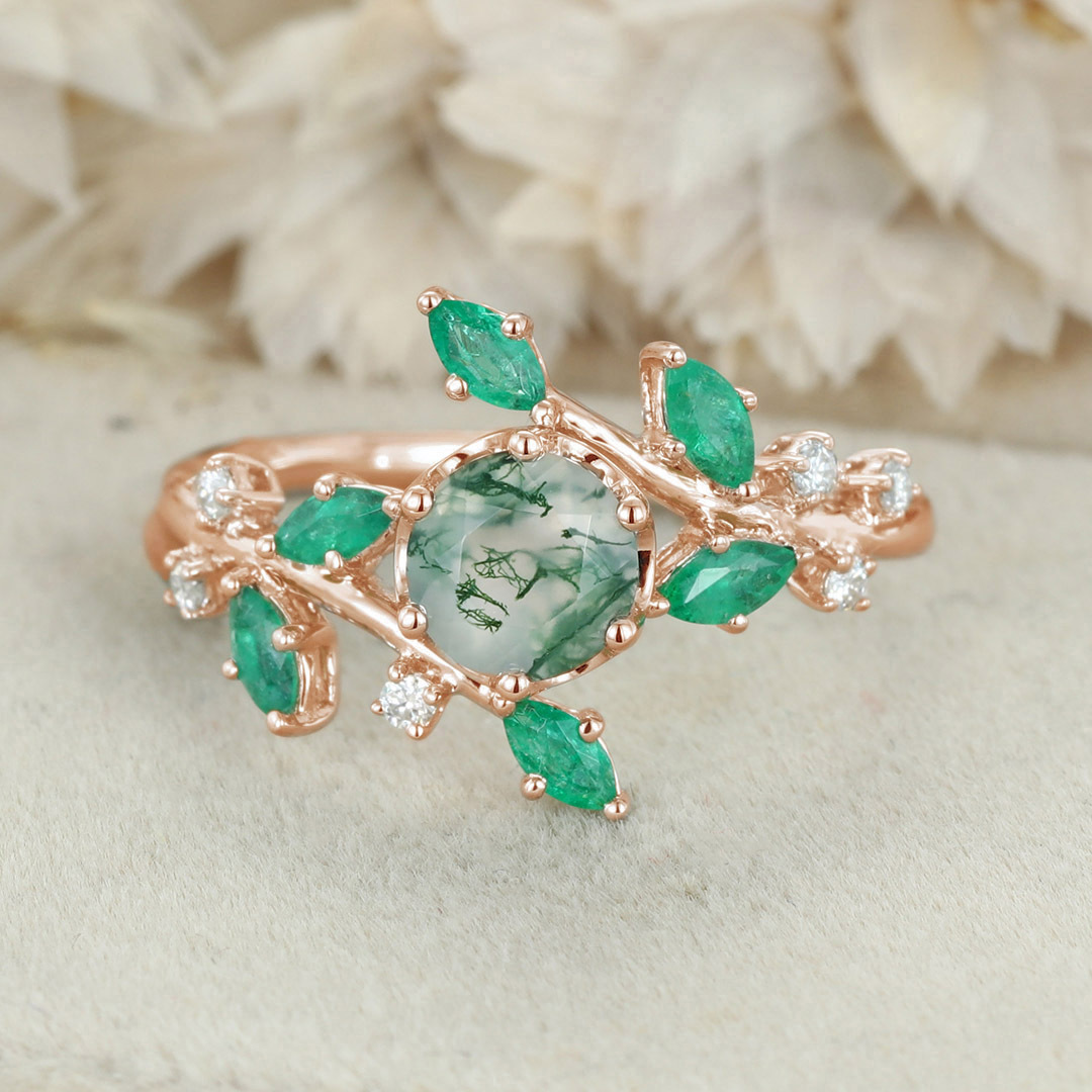 Round Moss agate Engagement Ring Vintage Unique 14K Solid White gold Moissanite engagement ring nature inspired Bridal set Anniversary gift