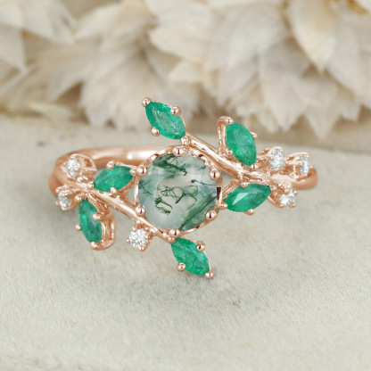 Round Moss agate Engagement Ring Vintage Unique 14K Solid White gold Moissanite engagement ring nature inspired Bridal set Anniversary gift