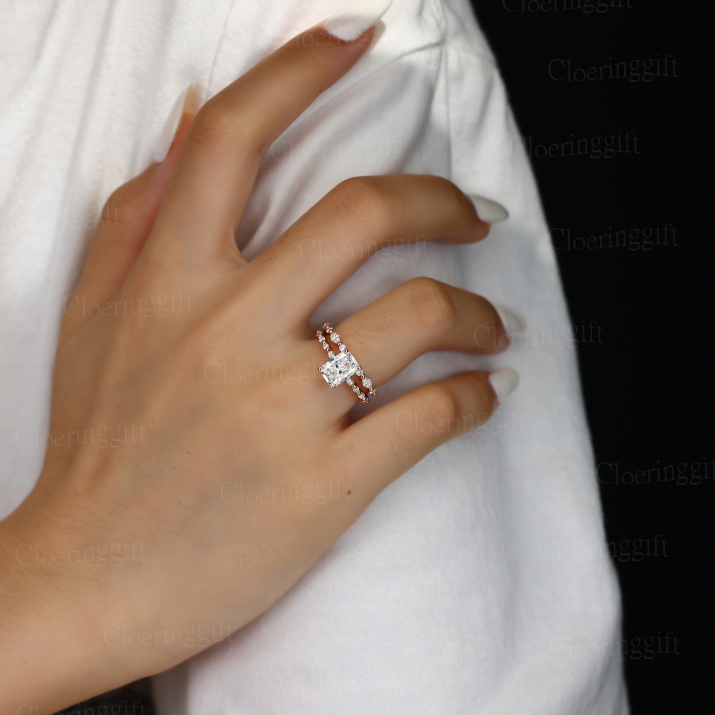 1.0ct Radiant Cut Lab Grown Diamond Cluster Engagement Ring Set