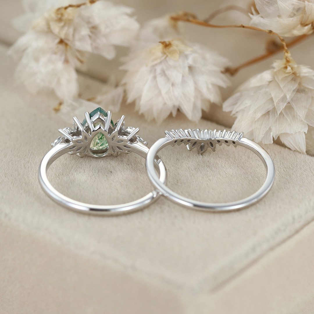Natural Green Moss Agate 2PCS Pear Cluster Engagement ring Bridal Set
