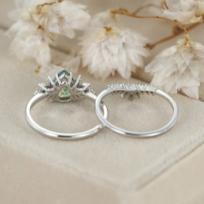 Natural Green Moss Agate 2PCS Pear Cluster Engagement ring Bridal Set