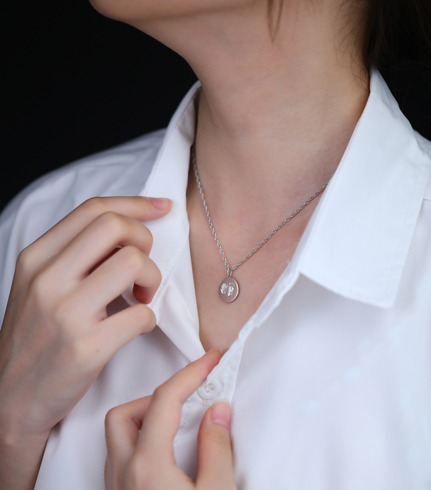 Customized Birthday Palm and Footprint Oval Pendant Necklace - Gold or Silver Plated - An exquisite gift for women, moms and kids