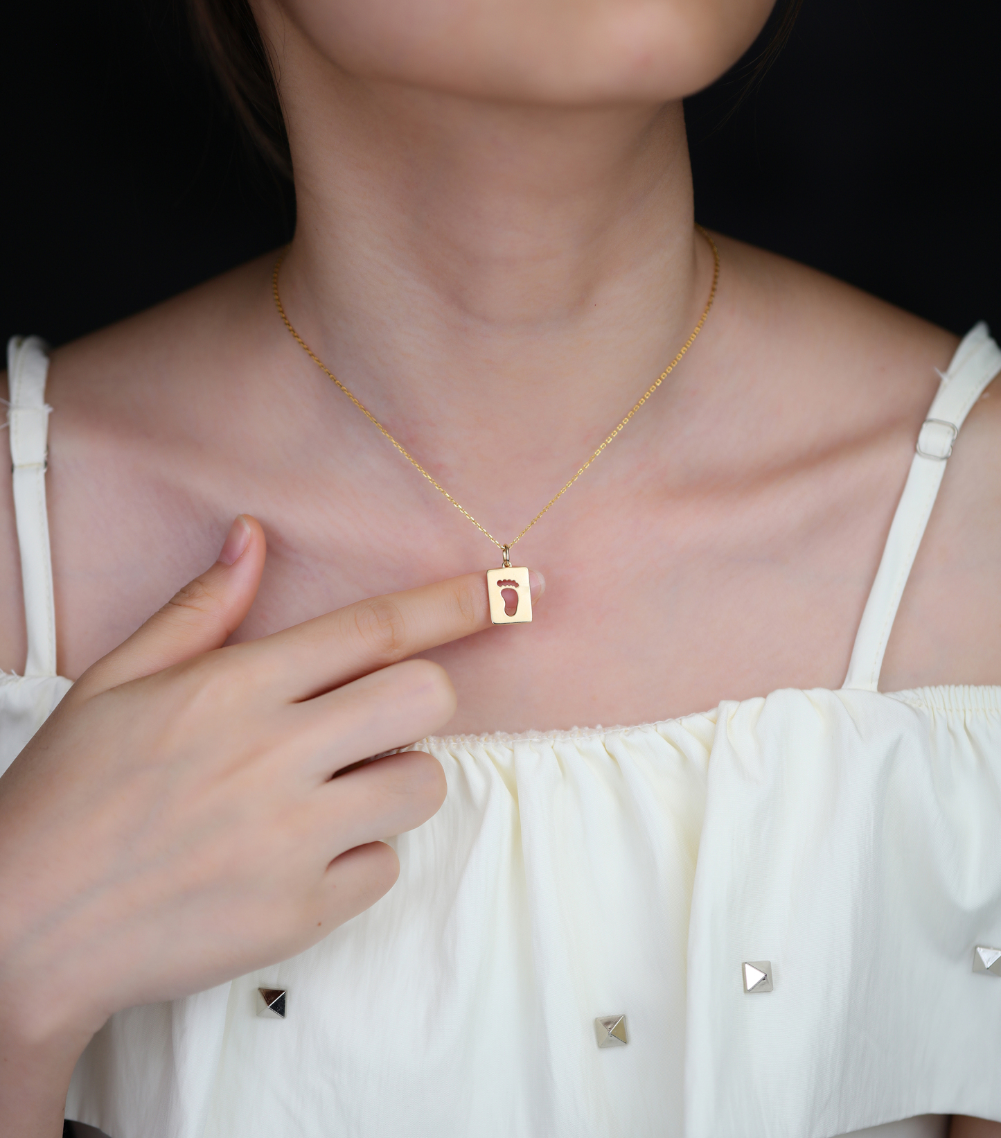 Yellow Gold Baby Footprints Customized Birthstones Engraved Name Square Pendant Necklace