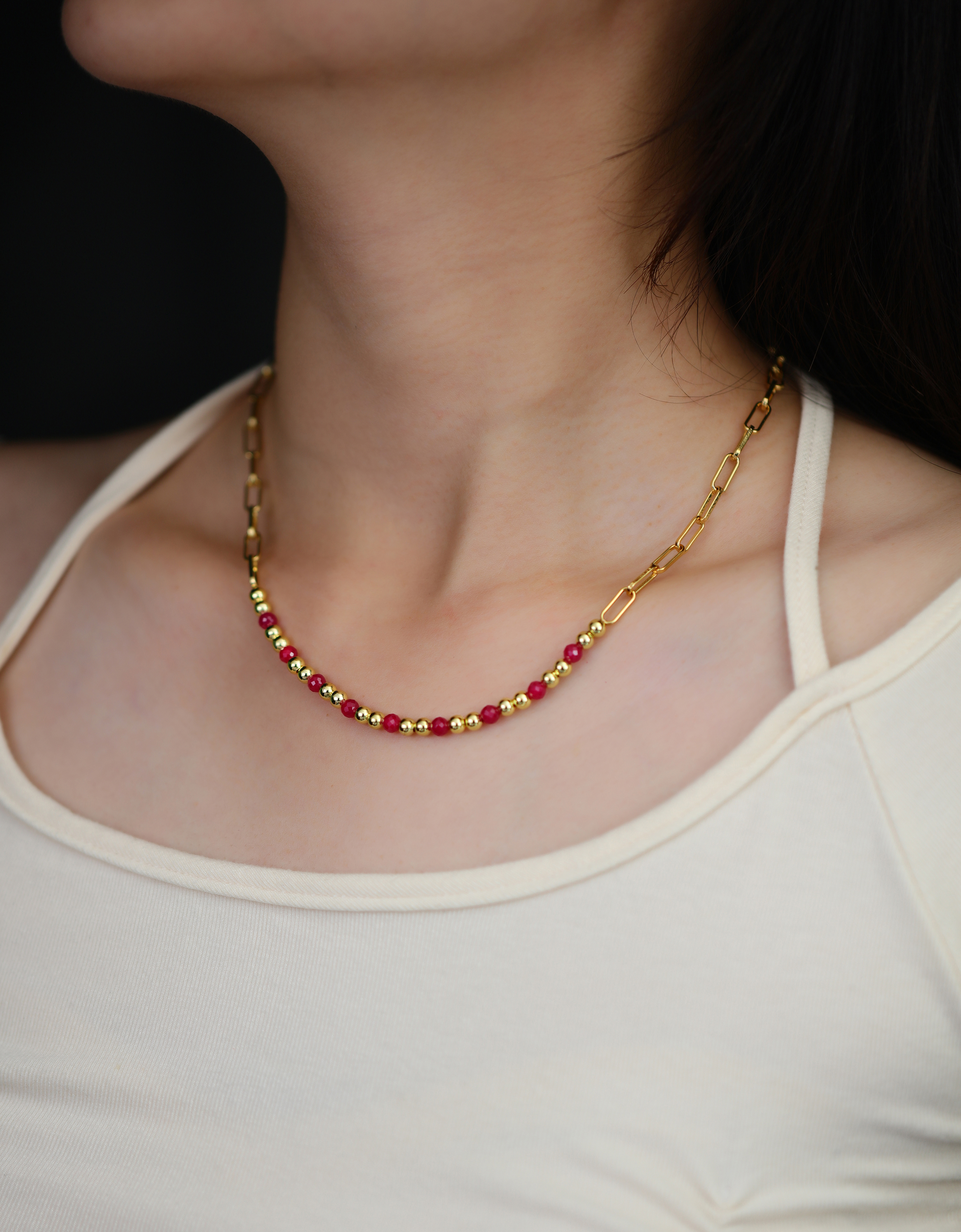 4mm Faceted Lab-Grown Ruby Gemstone Necklace- Gold Plated Gold Dainty Necklace | July Birthstone Jewelry for Women
