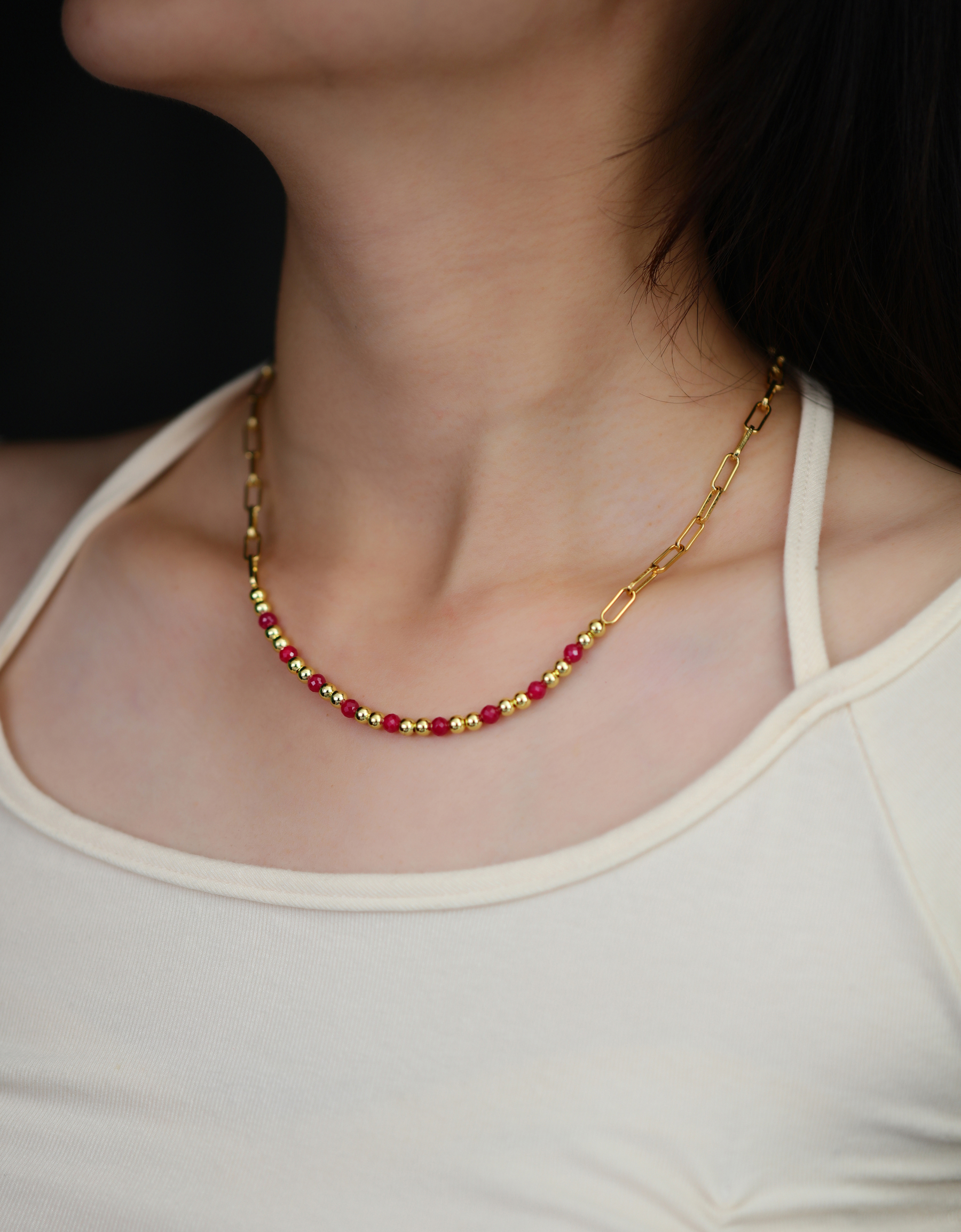 4mm Faceted Lab-Grown Ruby Gemstone Necklace- Gold Plated Gold Dainty Necklace | July Birthstone Jewelry for Women