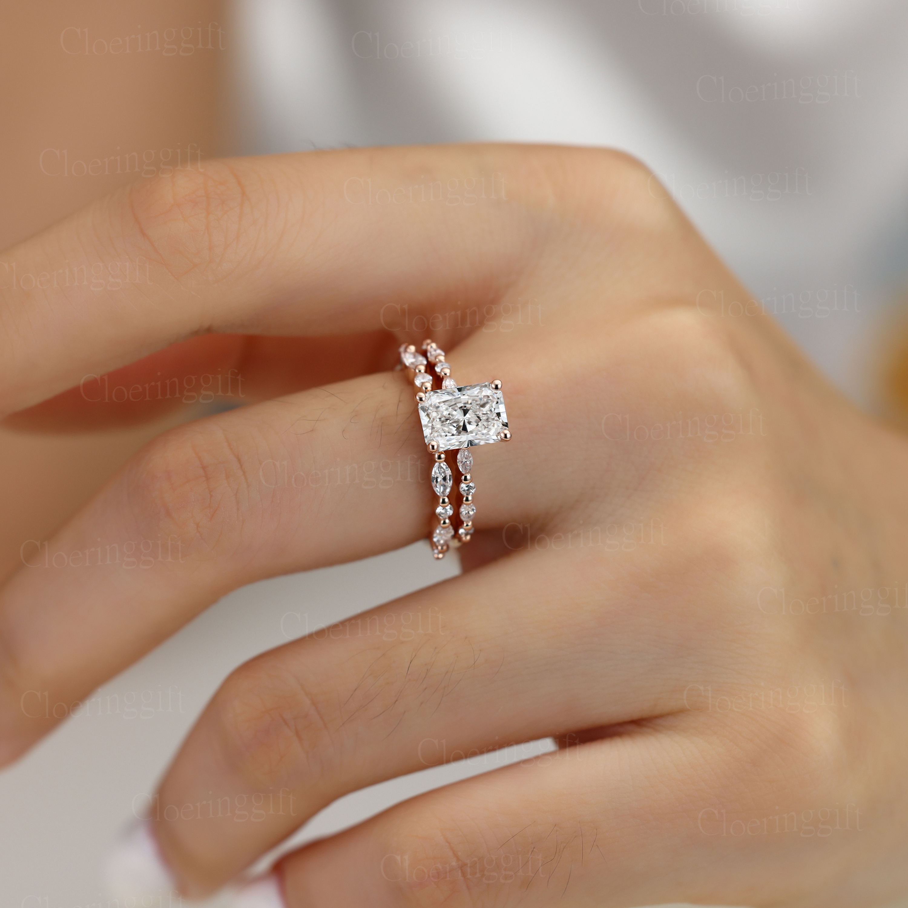 1.0ct Radiant Cut Lab Grown Diamond Cluster Engagement Ring Set