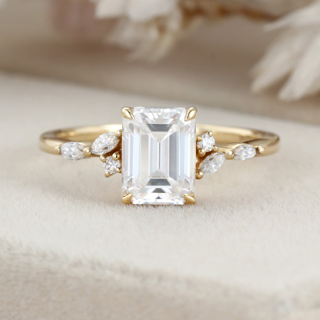 8X6mm Emerald cut Moissanite engagement ring vintage yellow gold engagement ring women Marquise Diamond unique bridal ring Anniversary gift