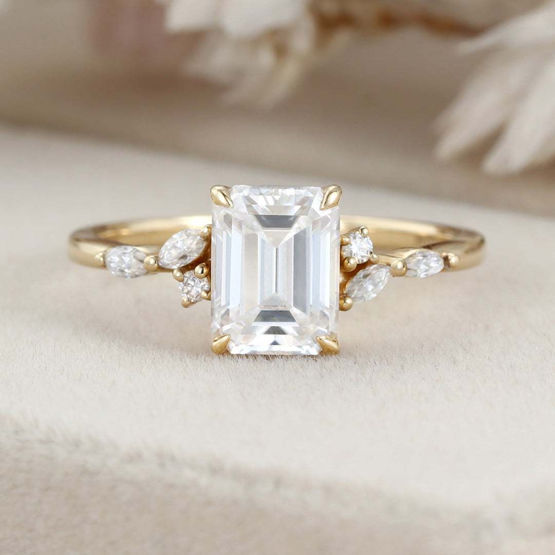 8X6mm Emerald cut Moissanite engagement ring vintage yellow gold engagement ring women Marquise Diamond unique bridal ring Anniversary gift
