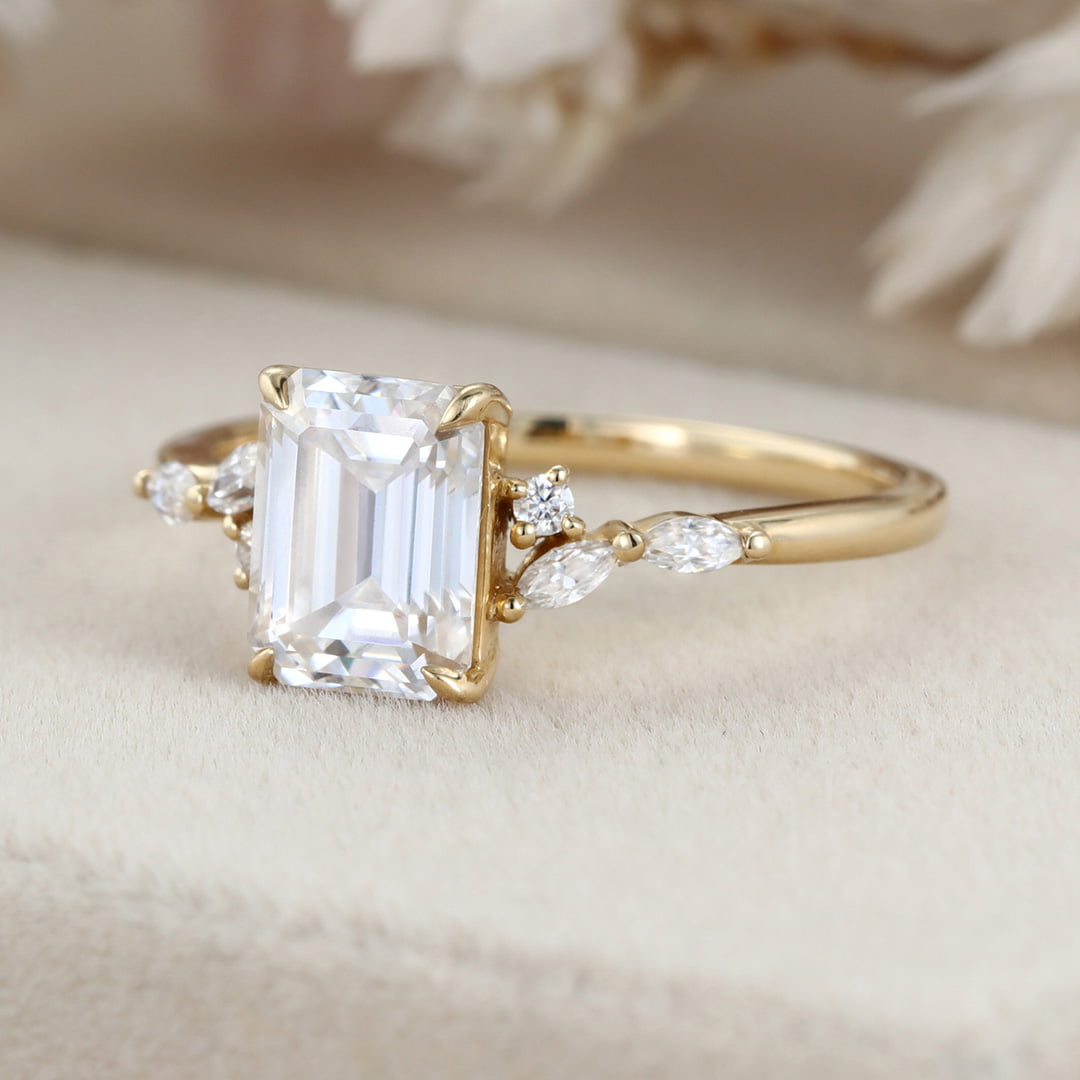 8X6mm Emerald cut Moissanite engagement ring vintage yellow gold engagement ring women Marquise Diamond unique bridal ring Anniversary gift
