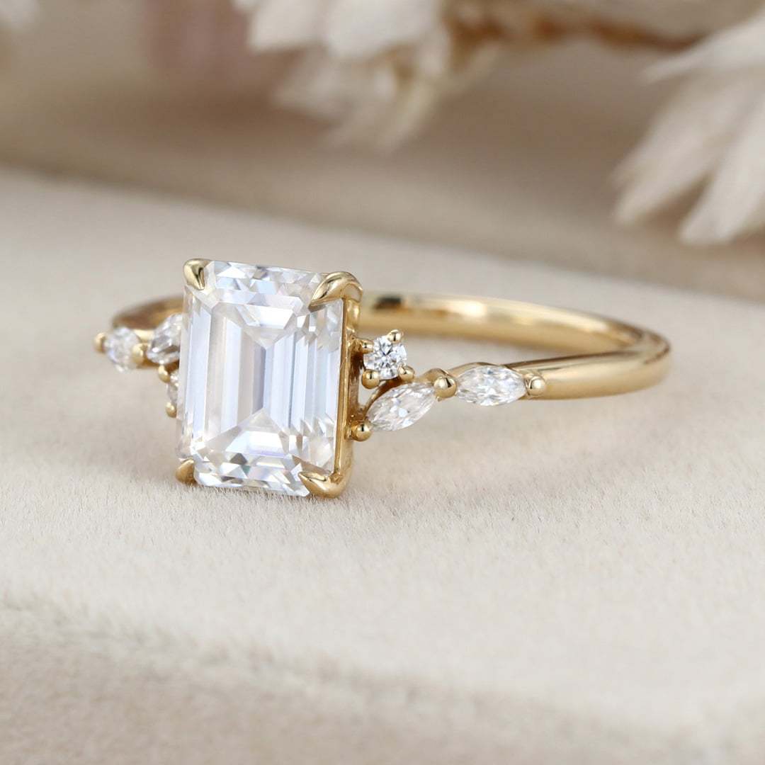 8X6mm Emerald cut Moissanite engagement ring vintage yellow gold engagement ring women Marquise Diamond unique bridal ring Anniversary gift