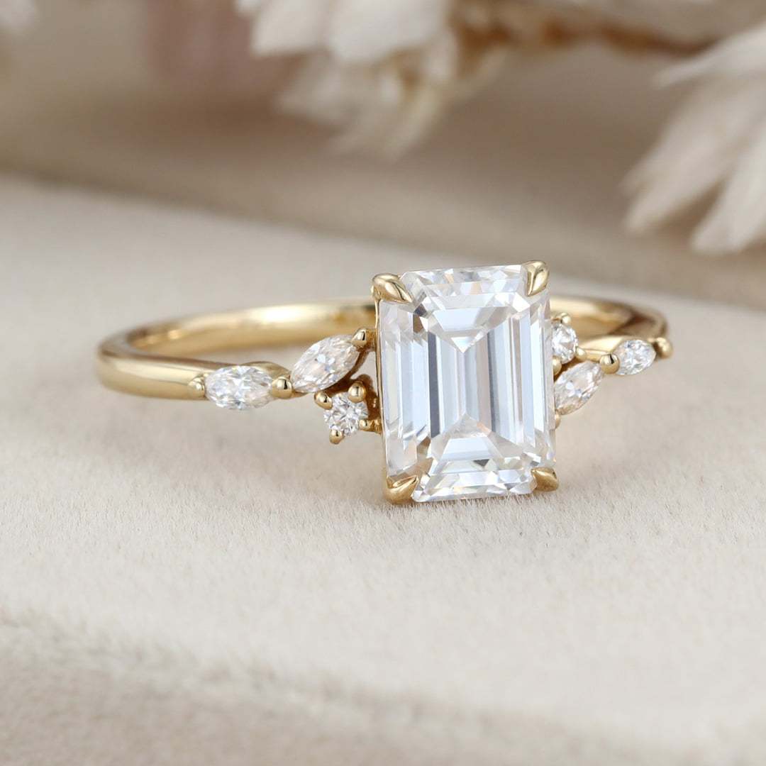 8X6mm Emerald cut Moissanite engagement ring vintage yellow gold engagement ring women Marquise Diamond unique bridal ring Anniversary gift