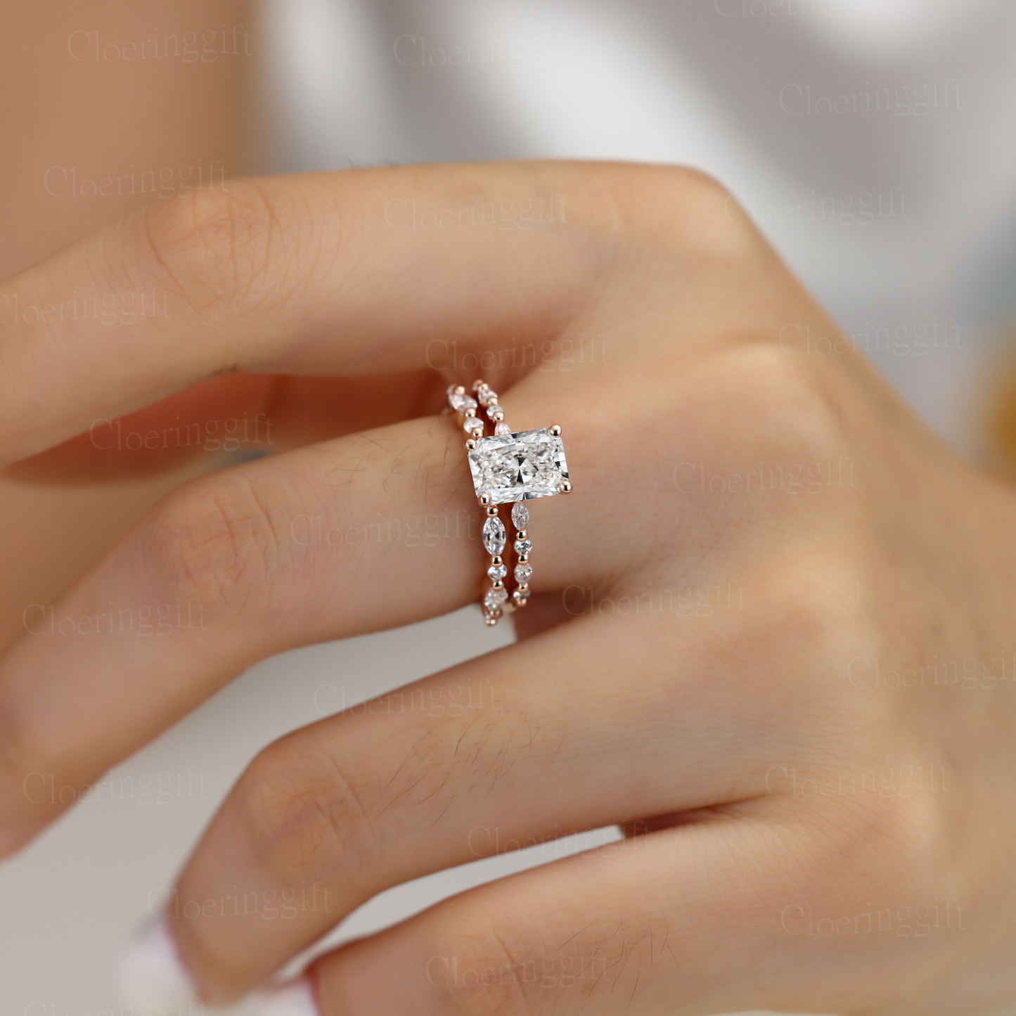 1.0ct Radiant Cut Lab Grown Diamond Cluster Engagement Ring Set