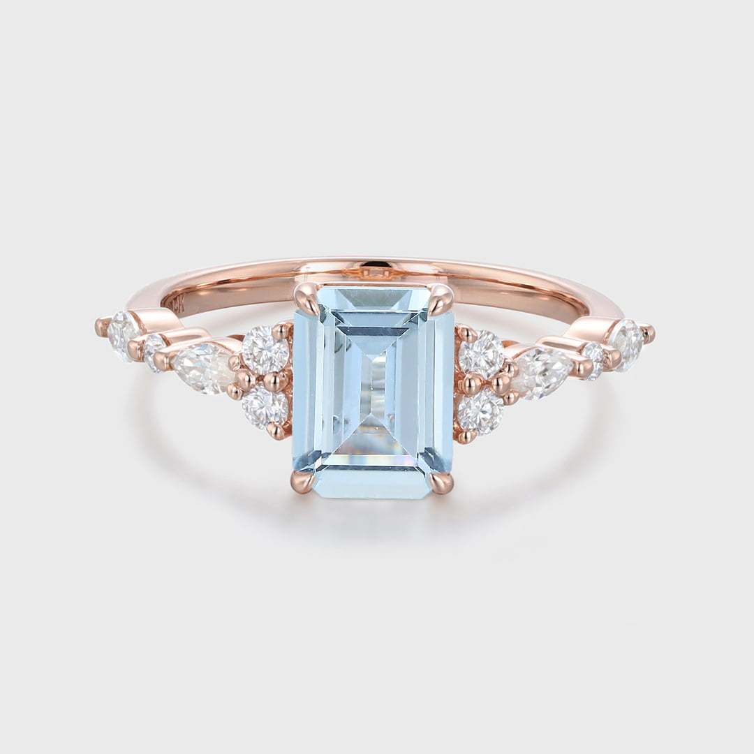 8x6mm Emerald Cut Aquamarine Engagement Ring Vintage Rose Gold Diamond Cluster Ring Art Deco Bridal Promise Anniversary Ring