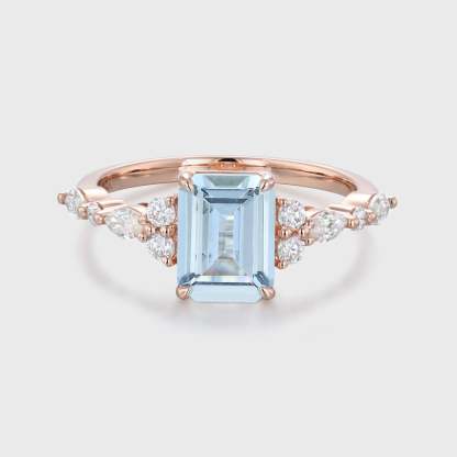 8x6mm Emerald Cut Aquamarine Engagement Ring Vintage Rose Gold Diamond Cluster Ring Art Deco Bridal Promise Anniversary Ring