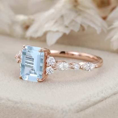 8x6mm Emerald Cut Aquamarine Engagement Ring Vintage Rose Gold Diamond Cluster Ring Art Deco Bridal Promise Anniversary Ring
