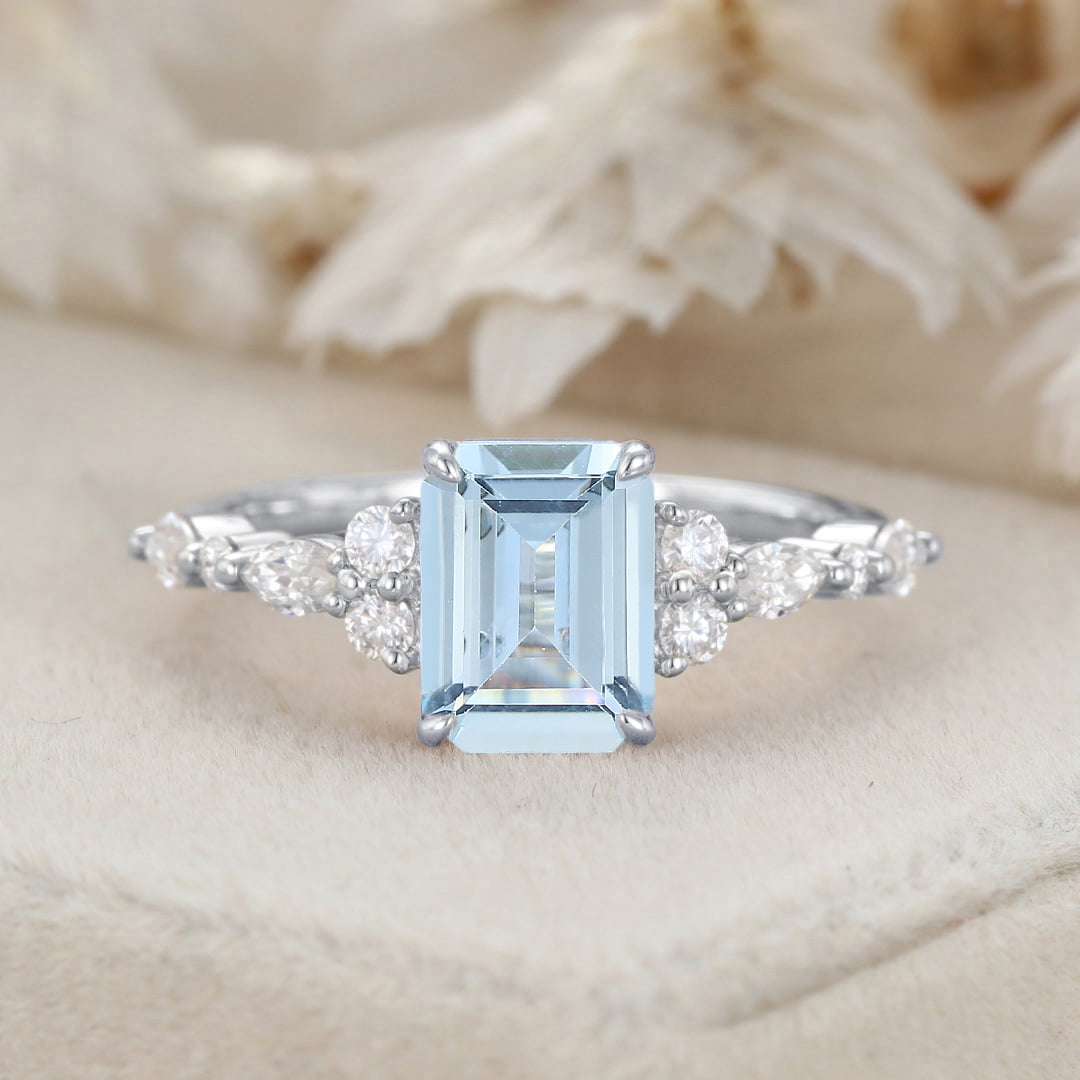8x6mm Emerald Cut Aquamarine Engagement Ring Vintage Rose Gold Diamond Cluster Ring Art Deco Bridal Promise Anniversary Ring