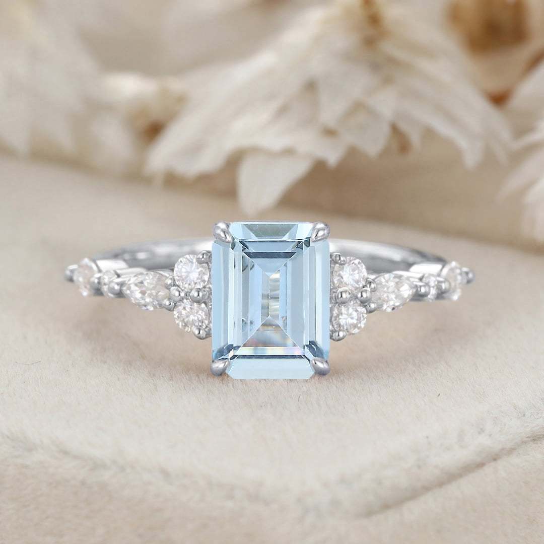 8x6mm Emerald Cut Aquamarine Engagement Ring Vintage Rose Gold Diamond Cluster Ring Art Deco Bridal Promise Anniversary Ring