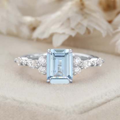 8x6mm Emerald Cut Aquamarine Engagement Ring Vintage Rose Gold Diamond Cluster Ring Art Deco Bridal Promise Anniversary Ring