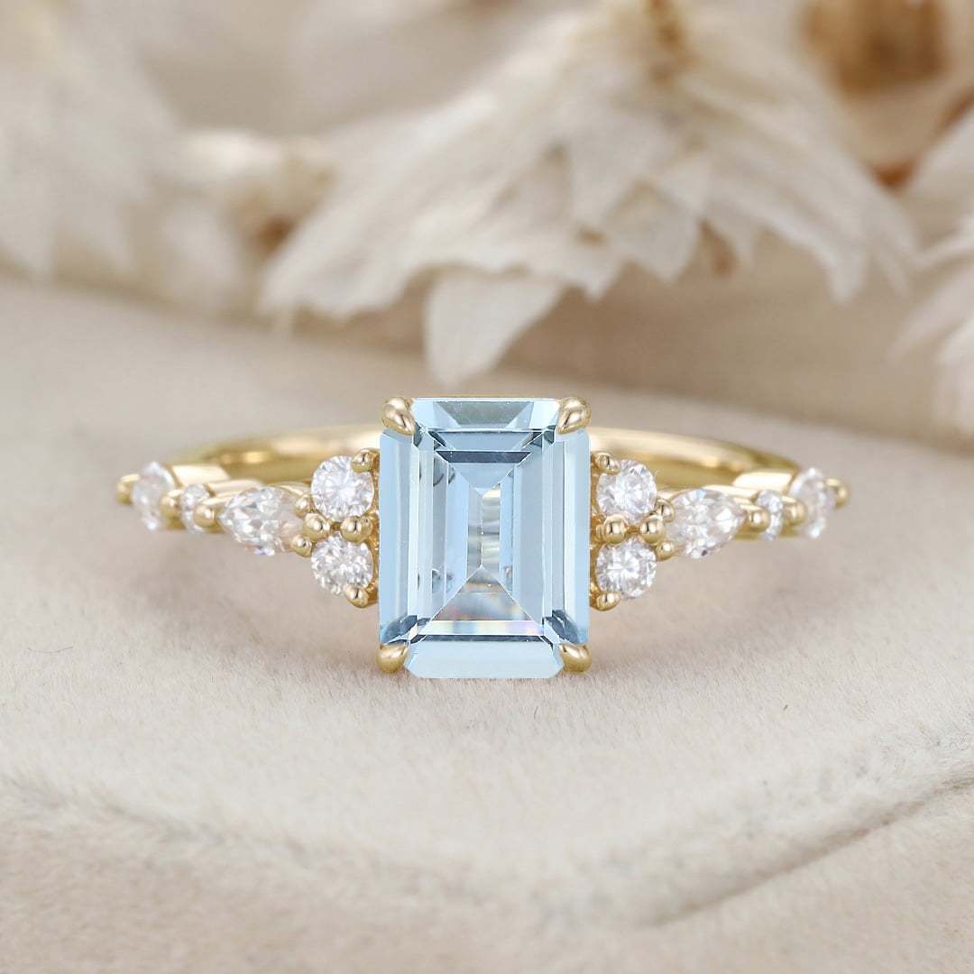 8x6mm Emerald Cut Aquamarine Engagement Ring Vintage Rose Gold Diamond Cluster Ring Art Deco Bridal Promise Anniversary Ring