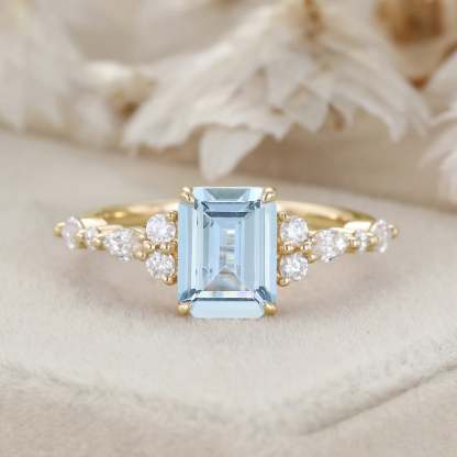 8x6mm Emerald Cut Aquamarine Engagement Ring Vintage Rose Gold Diamond Cluster Ring Art Deco Bridal Promise Anniversary Ring