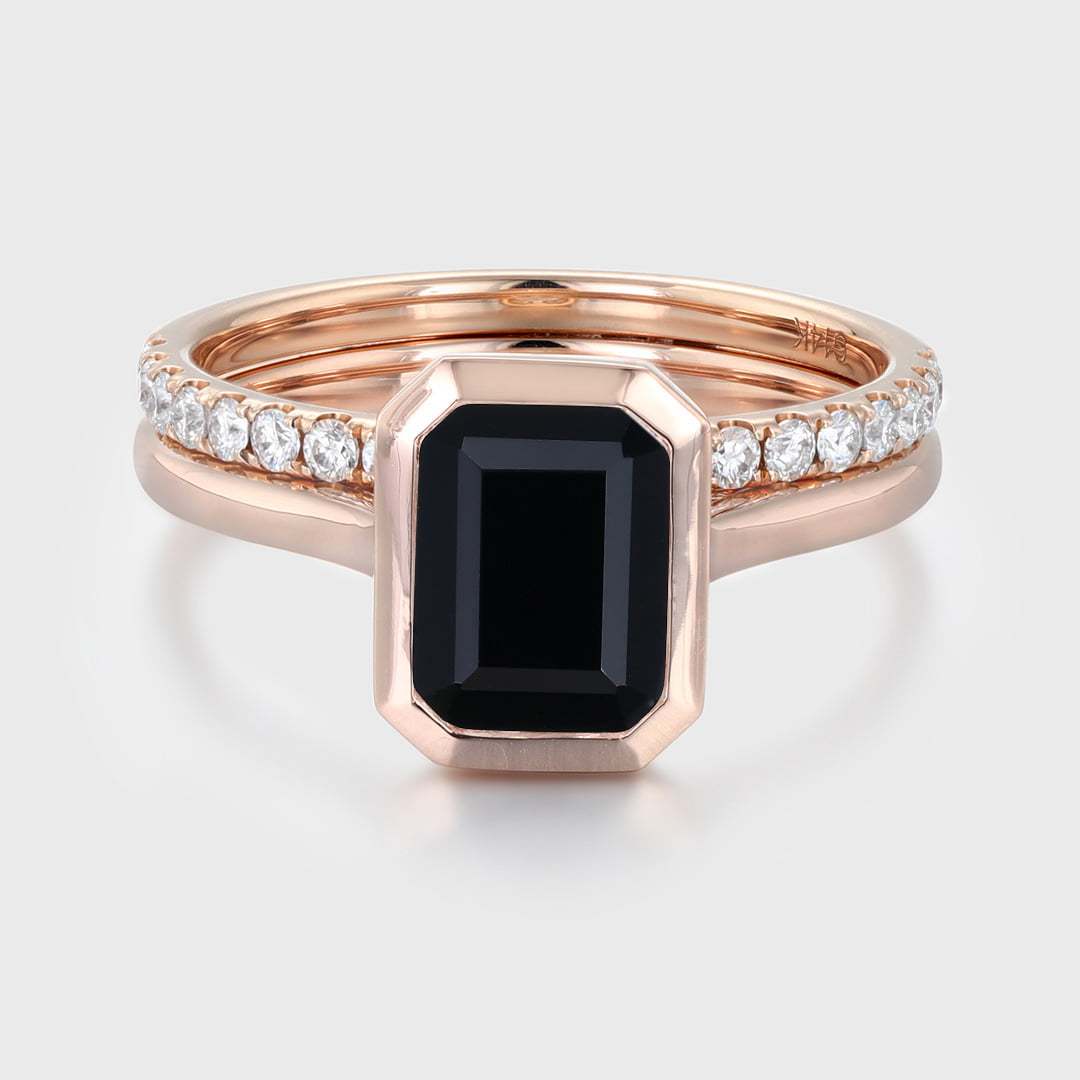 Emerald Cut Bezel Black Onyx Engagement Ring Set with Diamond Wedding Band—A Stunning Rose Gold Stacking Ring