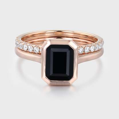 Emerald Cut Bezel Black Onyx Engagement Ring Set with Diamond Wedding Band—A Stunning Rose Gold Stacking Ring
