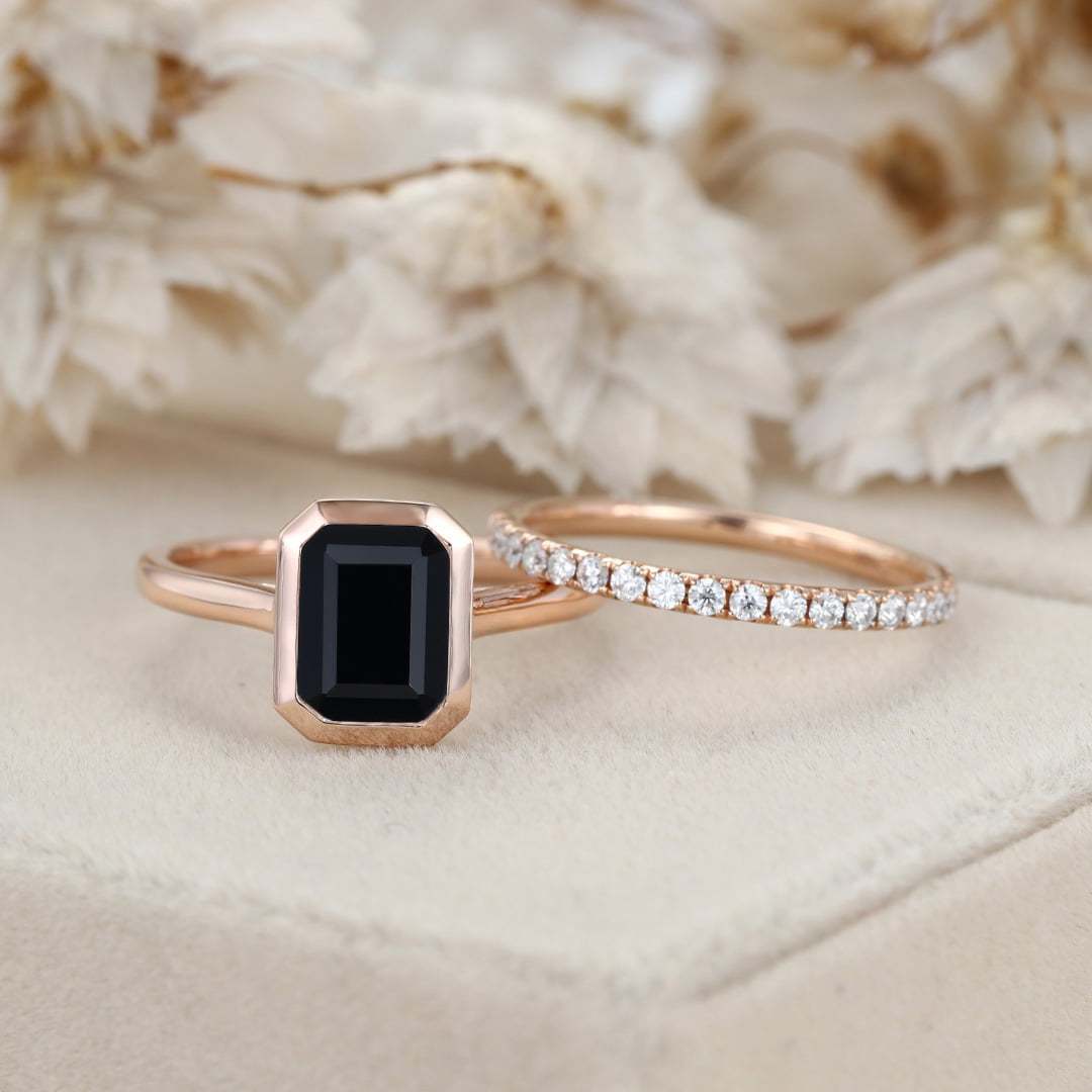 8x6mm Emerald Cut Bezel Black Onyx Engagement Ring Set Dimaond Wedding Ring Set Stacking Ring Rose Gold Ring