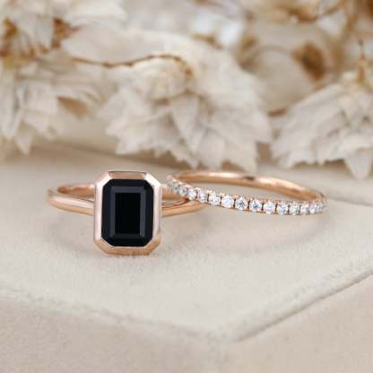 8x6mm Emerald Cut Bezel Black Onyx Engagement Ring Set Dimaond Wedding Ring Set Stacking Ring Rose Gold Ring