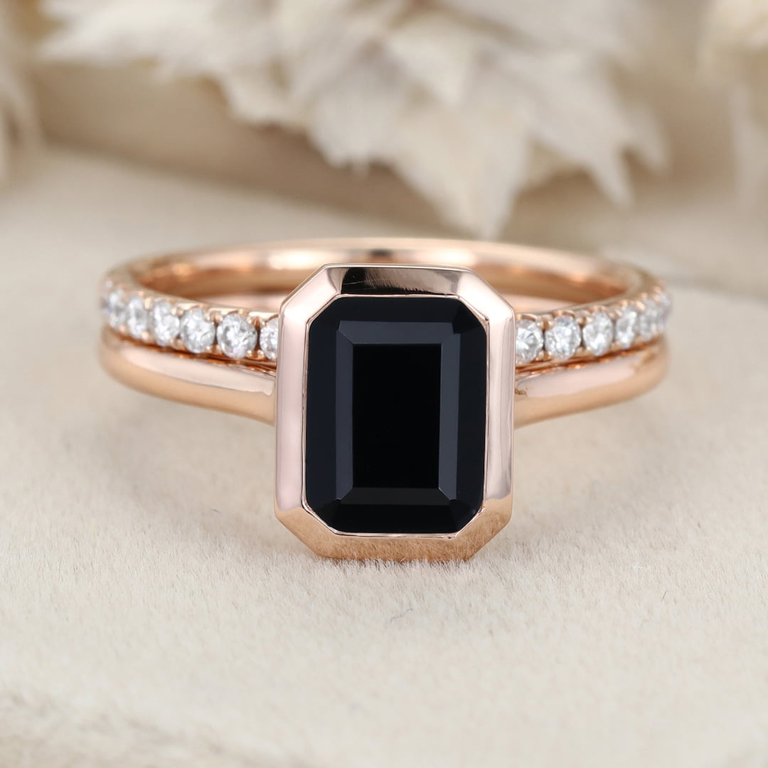 8x6mm Emerald Cut Bezel Black Onyx Engagement Ring Set Dimaond Wedding Ring Set Stacking Ring Rose Gold Ring