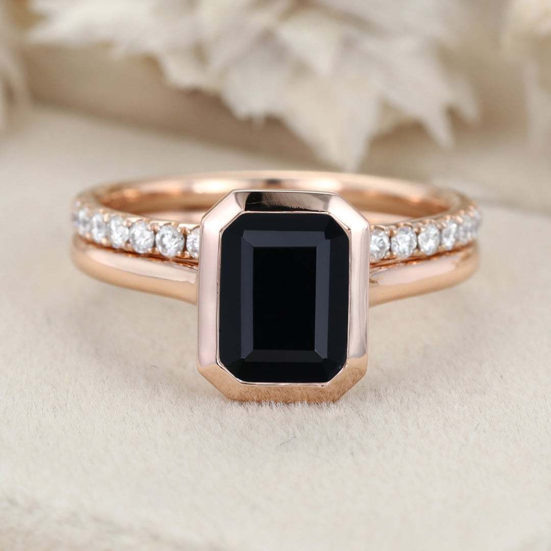 8x6mm Emerald Cut Bezel Black Onyx Engagement Ring Set Dimaond Wedding Ring Set Stacking Ring Rose Gold Ring