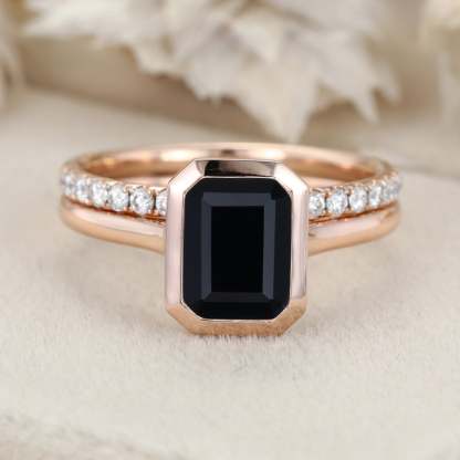 8x6mm Emerald Cut Bezel Black Onyx Engagement Ring Set Dimaond Wedding Ring Set Stacking Ring Rose Gold Ring