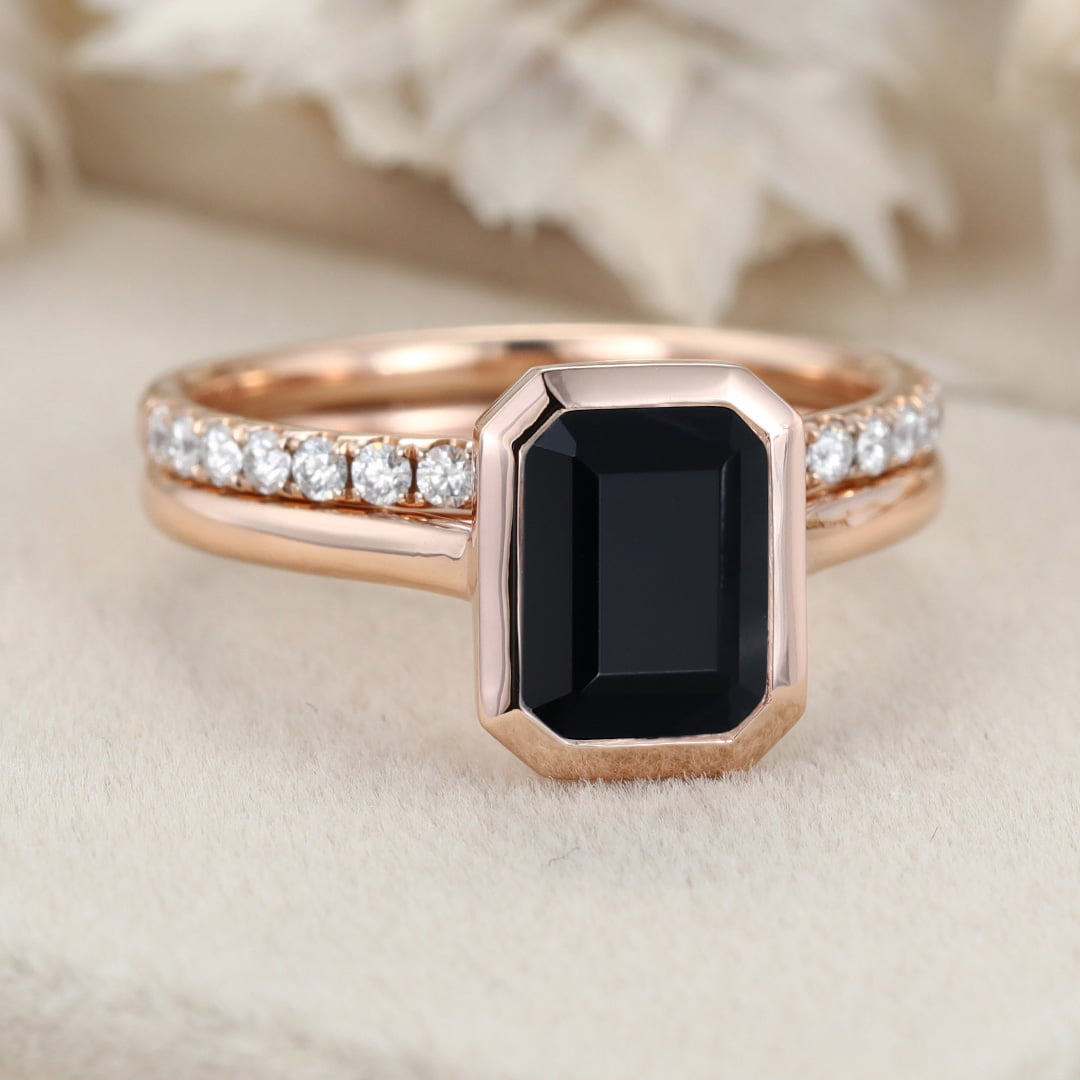 8x6mm Emerald Cut Bezel Black Onyx Engagement Ring Set Dimaond Wedding Ring Set Stacking Ring Rose Gold Ring