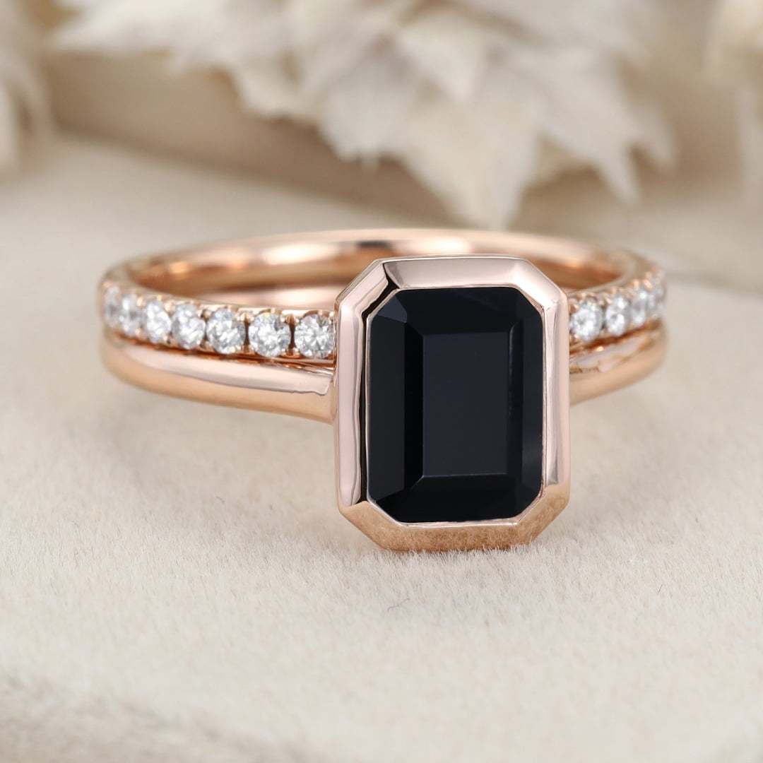 8x6mm Emerald Cut Bezel Black Onyx Engagement Ring Set Dimaond Wedding Ring Set Stacking Ring Rose Gold Ring