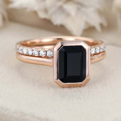 8x6mm Emerald Cut Bezel Black Onyx Engagement Ring Set Dimaond Wedding Ring Set Stacking Ring Rose Gold Ring