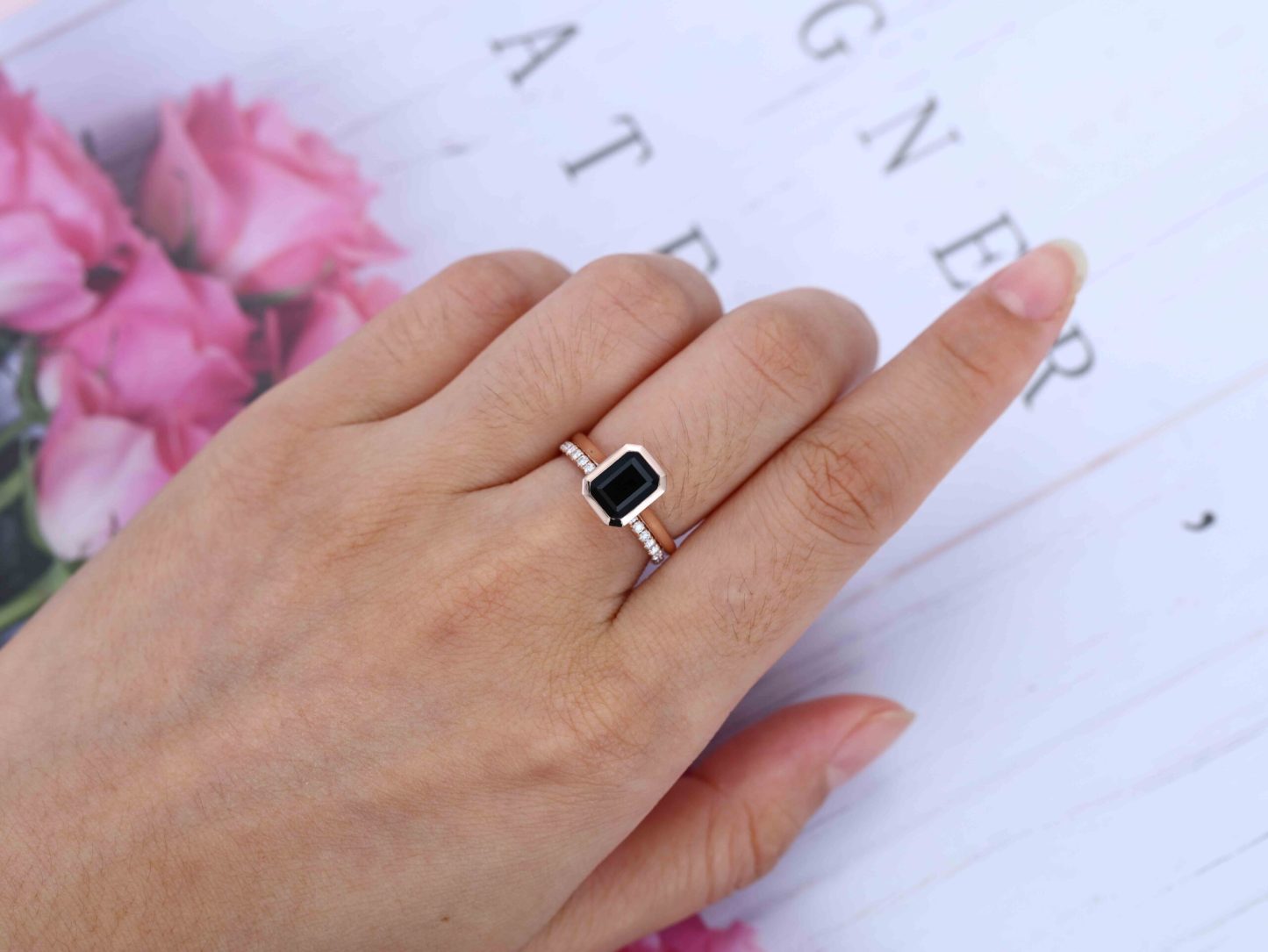 8x6mm Emerald Cut Bezel Black Onyx Engagement Ring Set Dimaond Wedding Ring Set Stacking Ring Rose Gold Ring