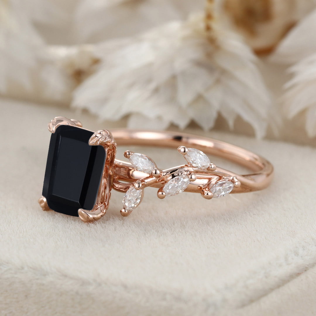 8x6mm Emerald Cut Black Onyx Engagement Ring 14K Solid Gold Ring