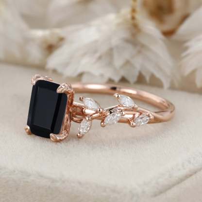 8x6mm Emerald Cut Black Onyx Engagement Ring 14K Solid Gold Ring