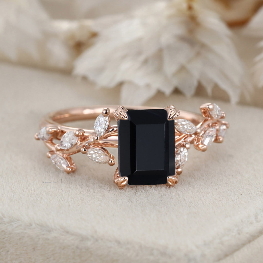8x6mm Emerald Cut Black Onyx Engagement Ring 14K Solid Gold Ring