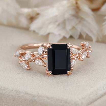 8x6mm Emerald Cut Black Onyx Engagement Ring 14K Solid Gold Ring