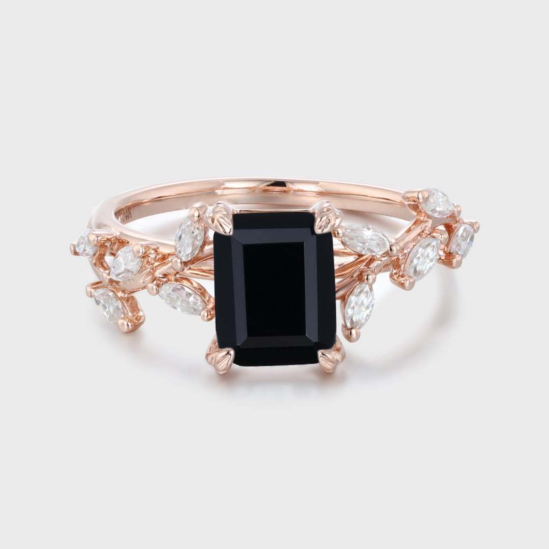 8x6mm Emerald Cut Black Onyx Engagement Ring 14K Solid Gold Ring
