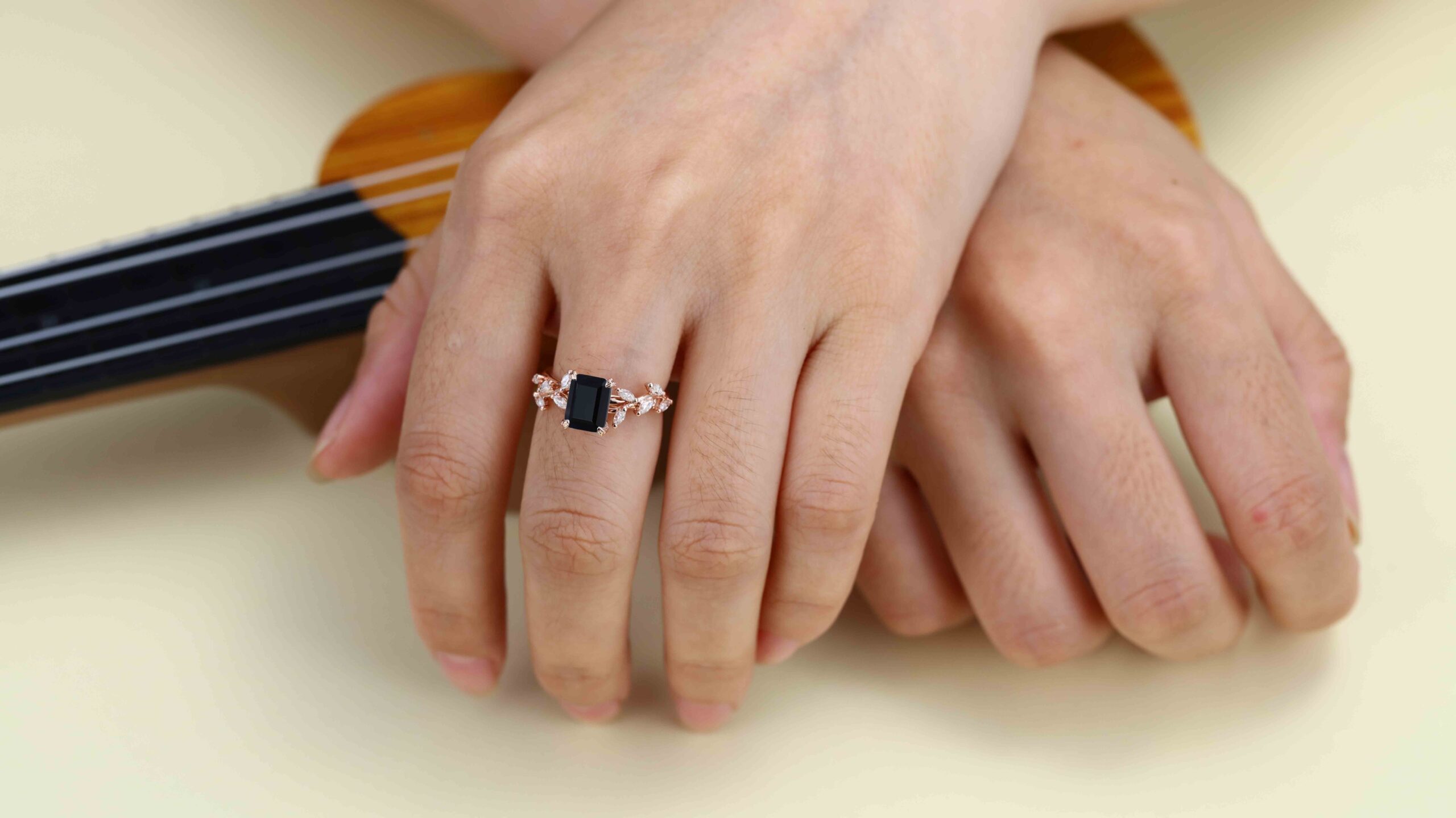 8x6mm Emerald Cut Black Onyx Engagement Ring 14K Solid Gold Ring