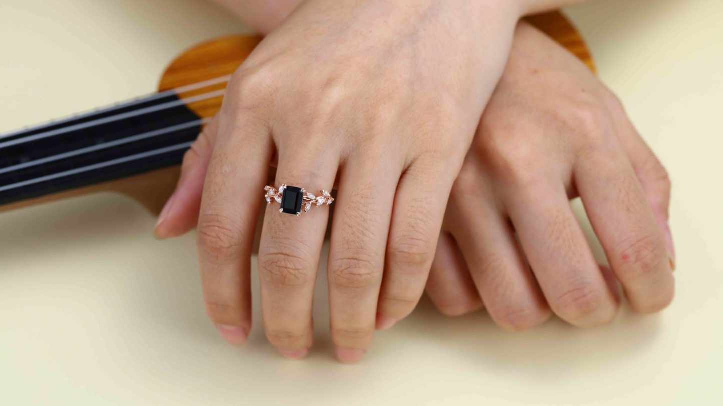 8x6mm Emerald Cut Black Onyx Engagement Ring 14K Solid Gold Ring