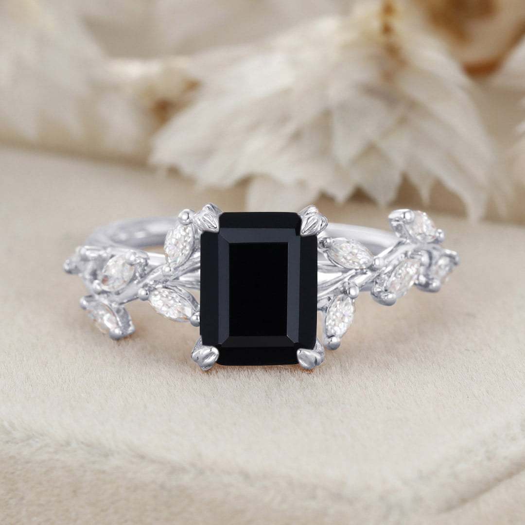 8x6mm Emerald Cut Black Onyx Engagement Ring 14K Solid Gold Ring