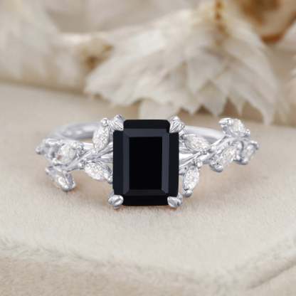 8x6mm Emerald Cut Black Onyx Engagement Ring 14K Solid Gold Ring